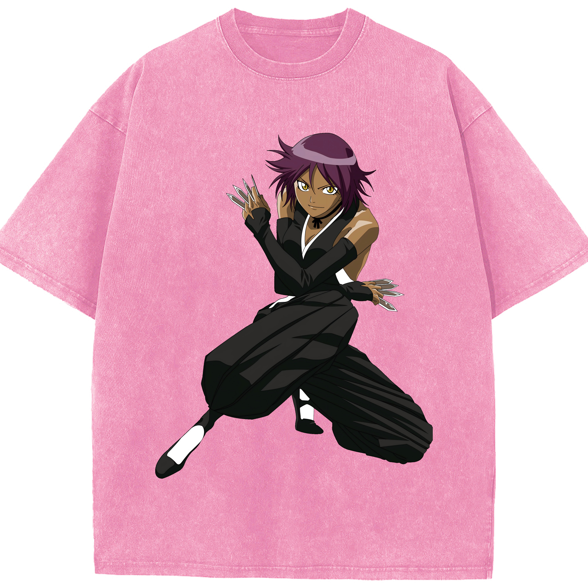 （画像用） ブリーチ 四楓院 夜一（しほういん よるいち） BLEACH Shihouin Yoruichi 綿100% ヴィンテージ風 半袖Tシャツ（フロントプリント）